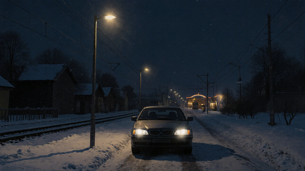 Opuštěné auto na venkovské ulici v Česku v noci.