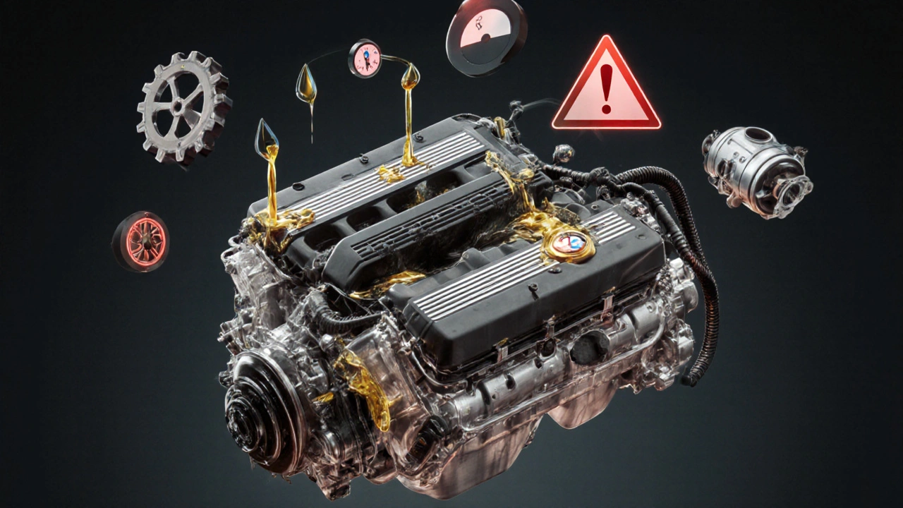 Průhledný motor BMW s černým kalu a čistým olejem, symbolizující rozdíl mezi pravidelnou a zanedbanou údržbou.