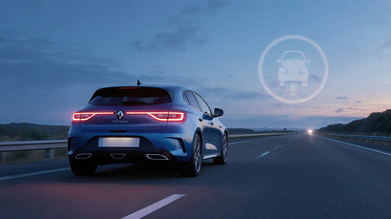 Renault Megane 1.5 dCi 110 na dálnici ve večerní tmě.