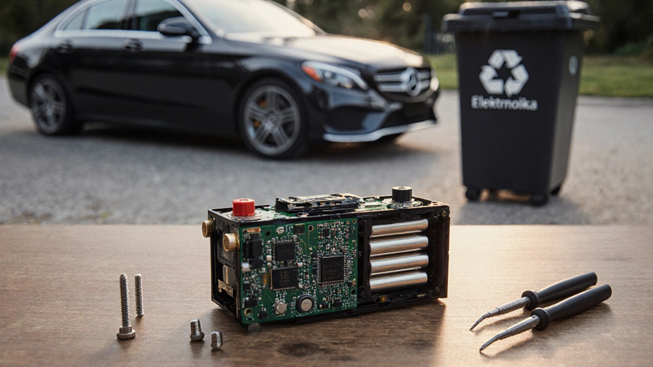 Rozložená Parkside baterie s nářadím a recyklačním kontejnerem na pozadí