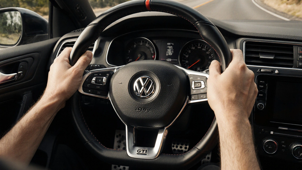 Ruce řidiče na volantu s logem GTI, kovové pedály, rozostřená zatáčka na pozadí.