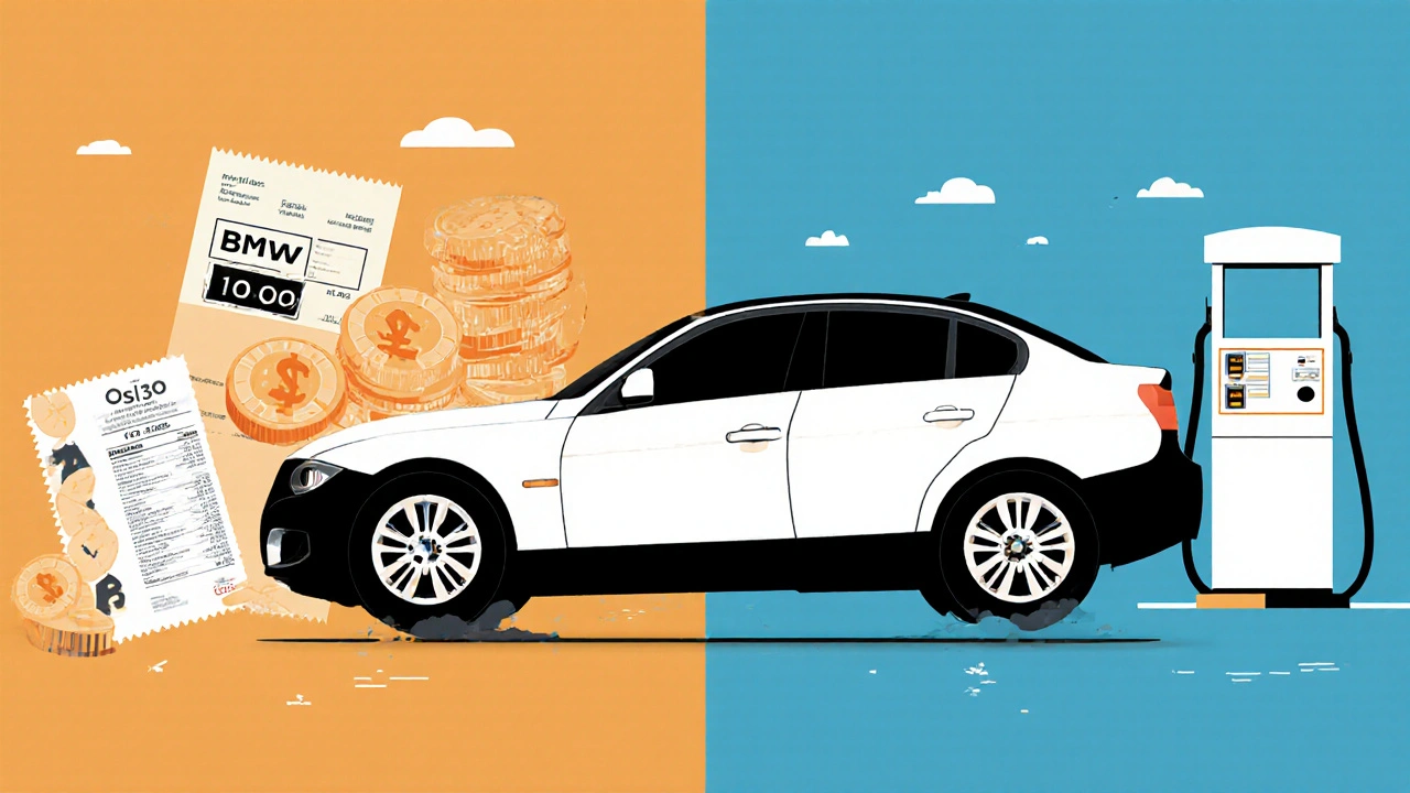 Side-by-side comparison: BMW in expensive Oslo vs. affordable Budapest, showing fuel prices and parking costs.