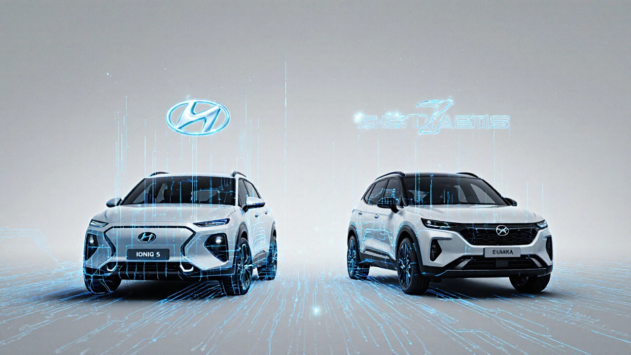 Side-by-side comparison of Hyundai Ioniq 5 and Opel Mokka Electric sharing the same electric platform.