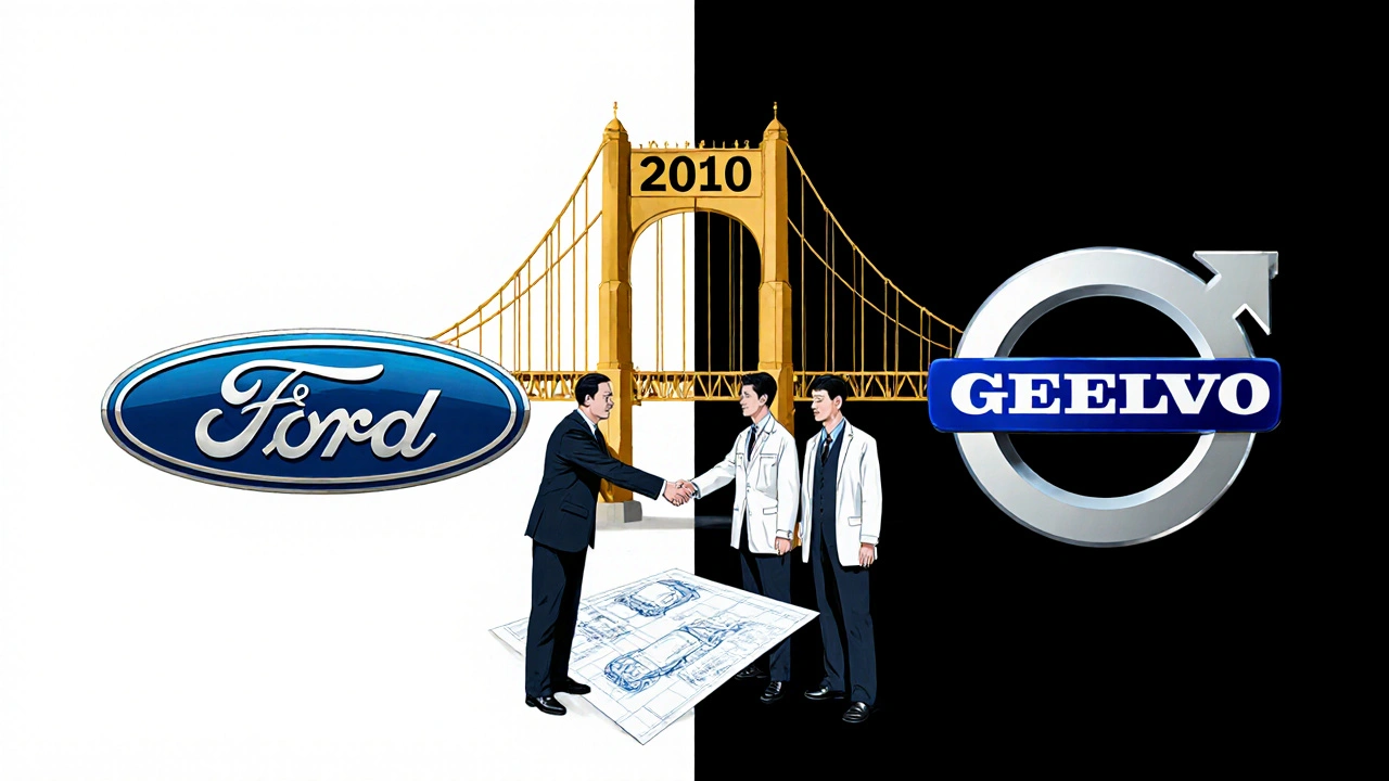 Split illustration showing Volvo&#039;s transition from Ford to Geely with engineers shaking hands over car blueprints.