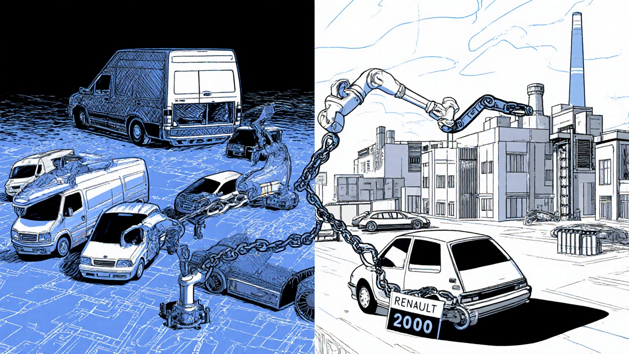 Split image showing past Ford-Renault collaboration versus current separate factories.