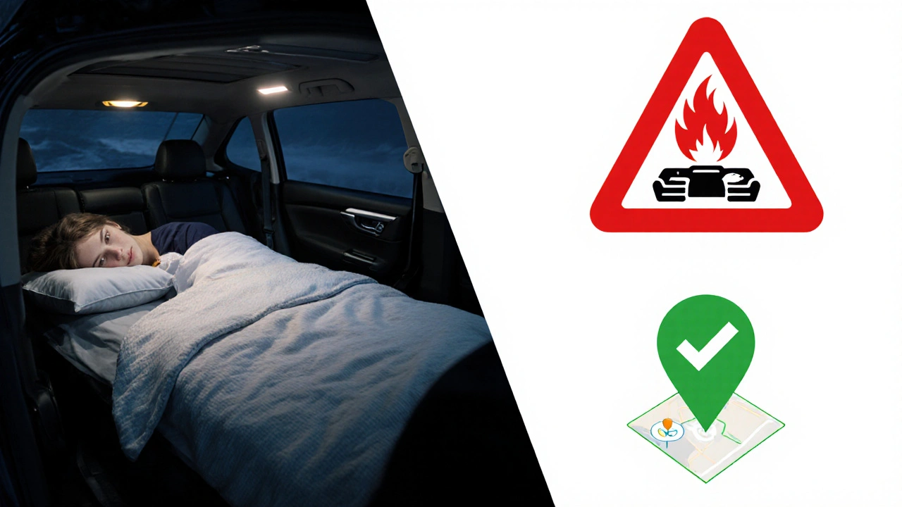 Srovnání bezpečného spaní v autě s nebezpečím oxidu uhelnatého, s mapou bezpečných míst pro přenocování.
