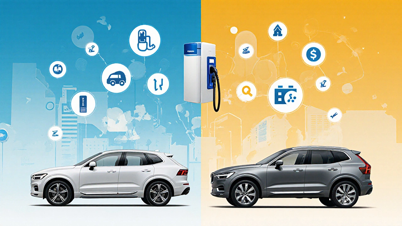 Srovnání hybridu a plug-in hybridu Volvo s ikonami úspor a emisí.