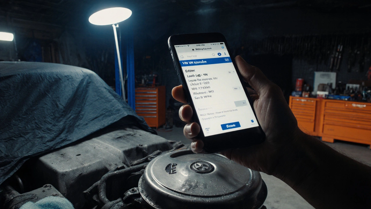 Technik kontroluje VIN auta BMW E36 na tabletu v dílně.