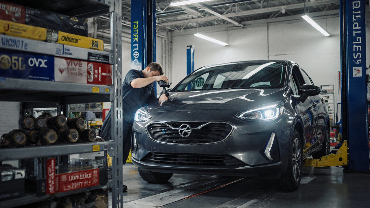 Technik v servisu v Praze opravuje Opel Corsa Electric stejnými nástroji jako pro Peugeot.