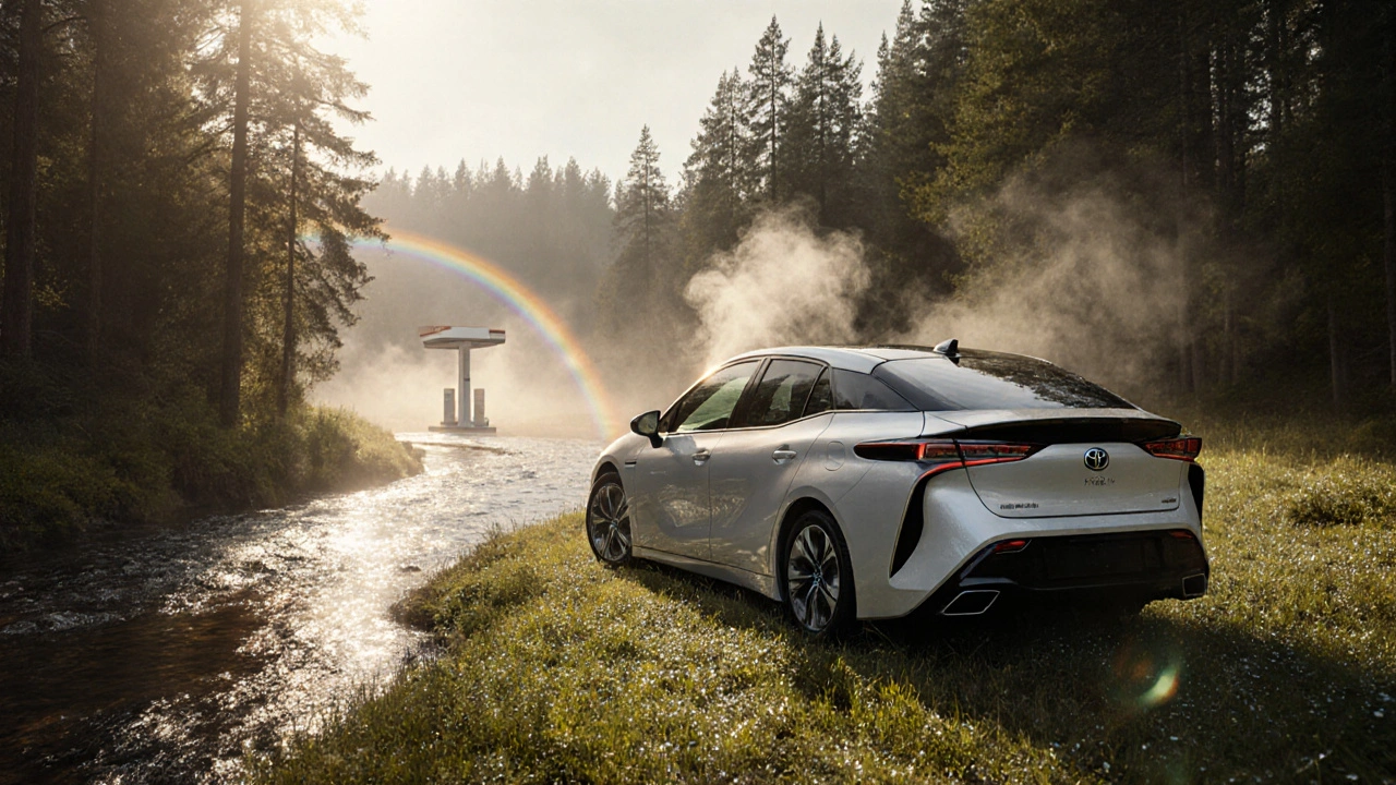 Toyota Mirai vysílá jen vodní páru v lesním prostředí, bez kouře, jen čistá voda.