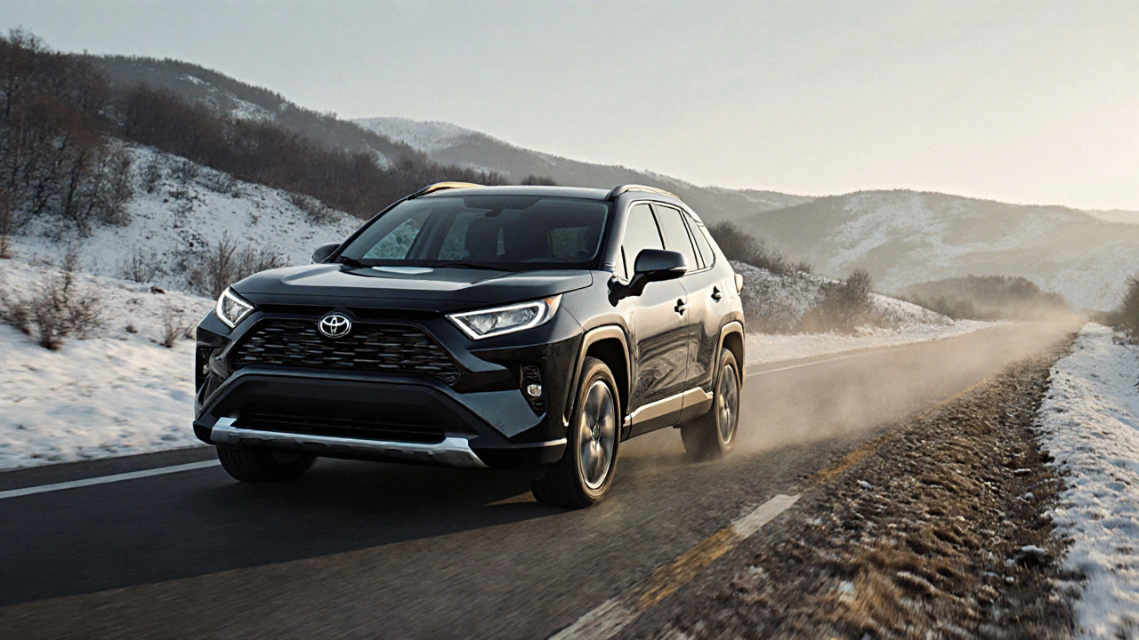 Toyota RAV4 na cestě přes zasněženou cestu s mistou v pozadí, ukazující univerzálnost.