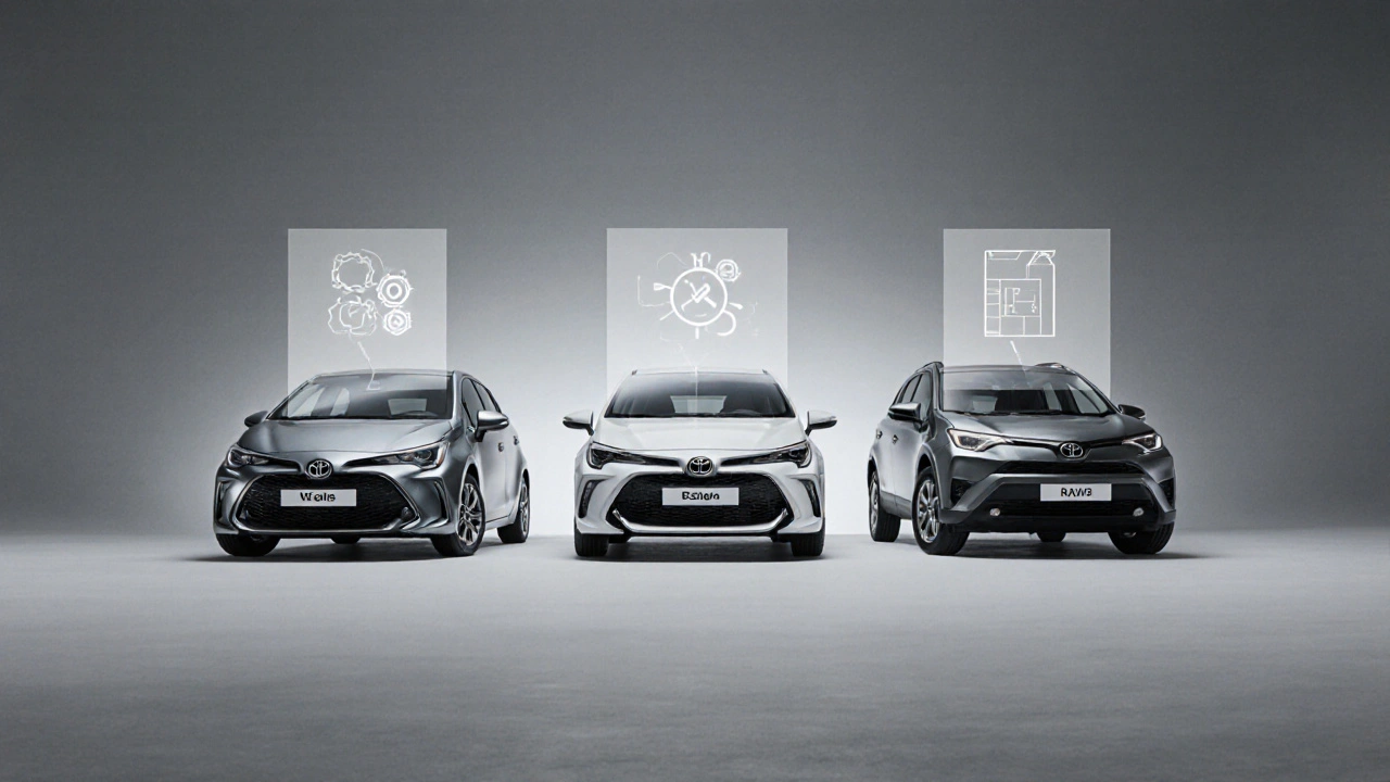 Tři modely Toyoty — Yaris, Corolla, RAV4 — v řadě, symbolizující výběr podle potřeb.