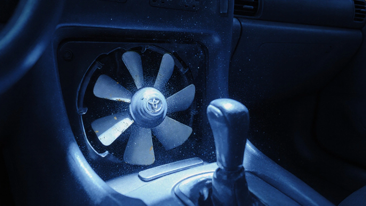 Ventilátor klimatizace v Toyota RAV4 s prachem a deformovanými lopatkami.