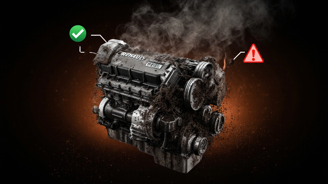 Vnitřní části dieselového motoru s hromaděním špíny v částicovém filtru