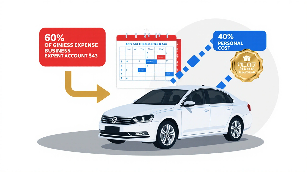 Volkswagen Passat s barevnými toky nákladů na opravu: 60 % jako podnikatelský výdaj, 40 % jako osobní náklad.