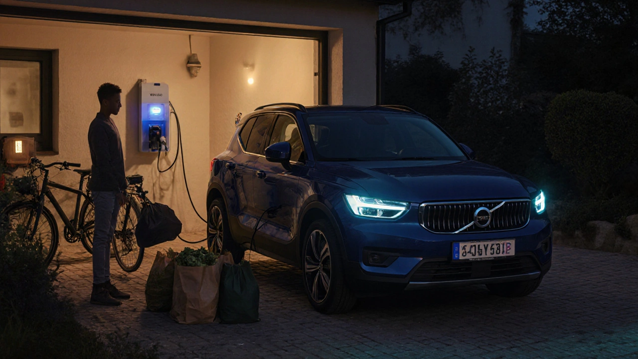 Volvo plug-in hybrid v garáži během nočního nabíjení s Wallboxem.
