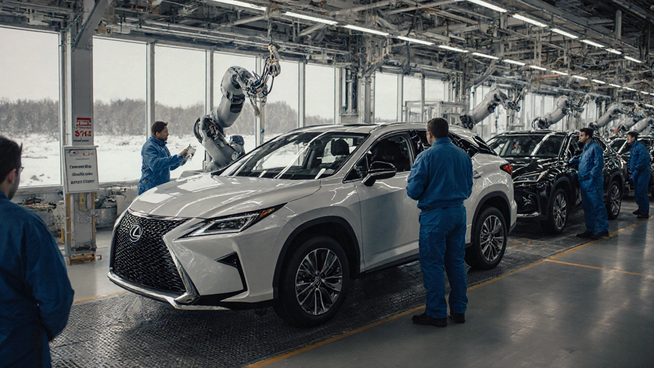 Výrobní linka v Kanadě s modelem Lexus RX a NX na automatizovaném páse.
