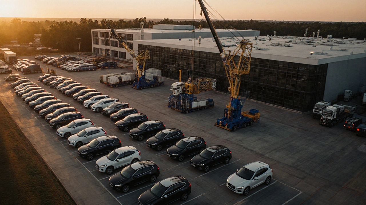 Výrobní závod Volvo v Jižní Karolíně s auty připravenými k přepravě.