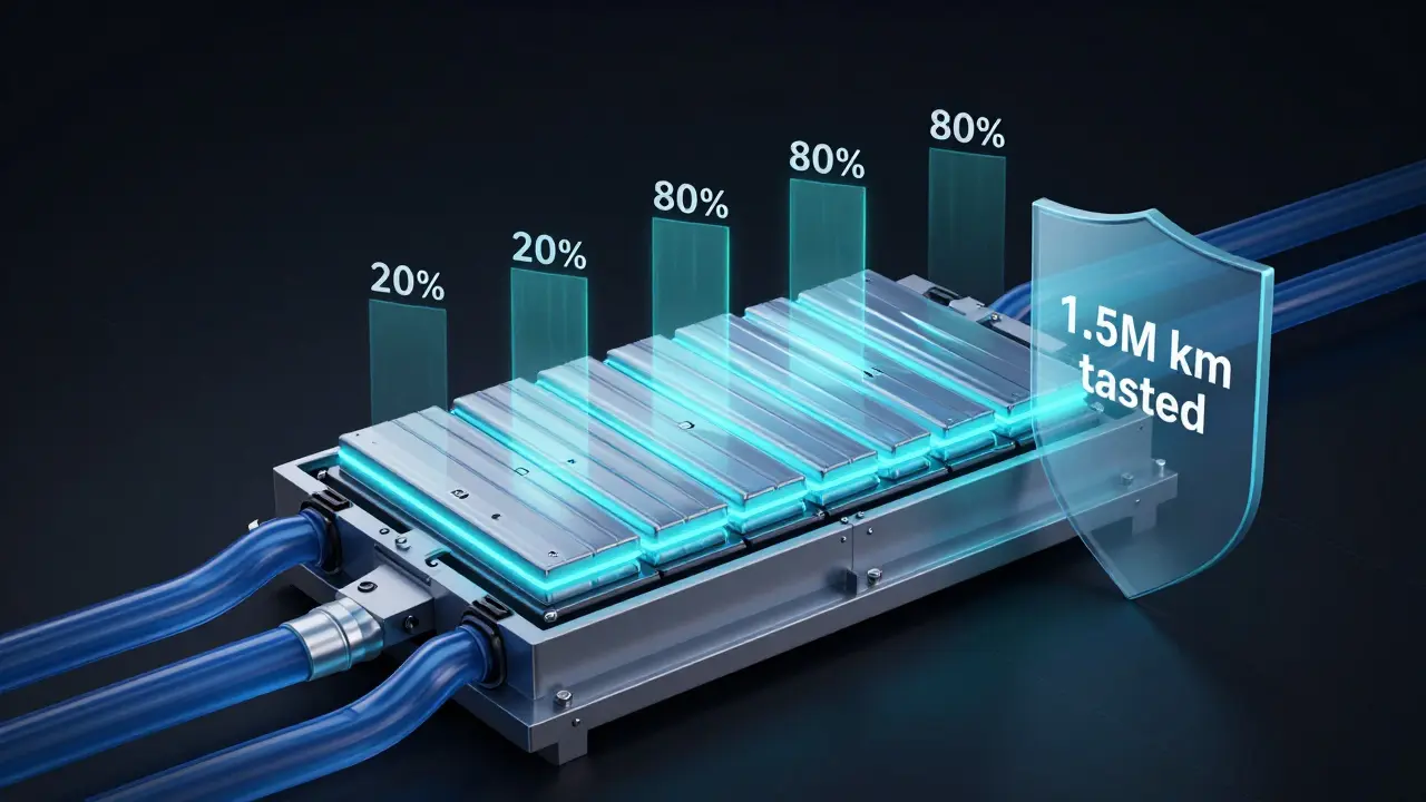 Cross-section of hybrid battery with cooling system and charge levels between 20% and 80%.