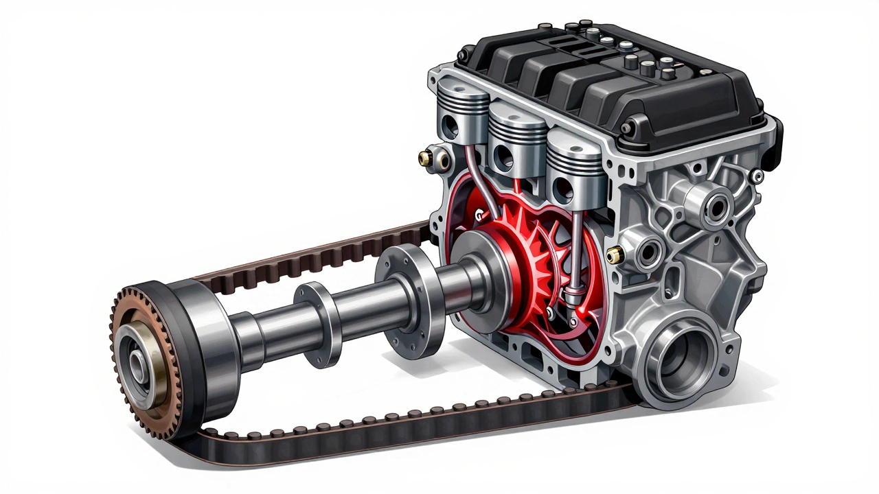Cross-section of Volvo engine showing timing belt failure causing piston-valve collision.