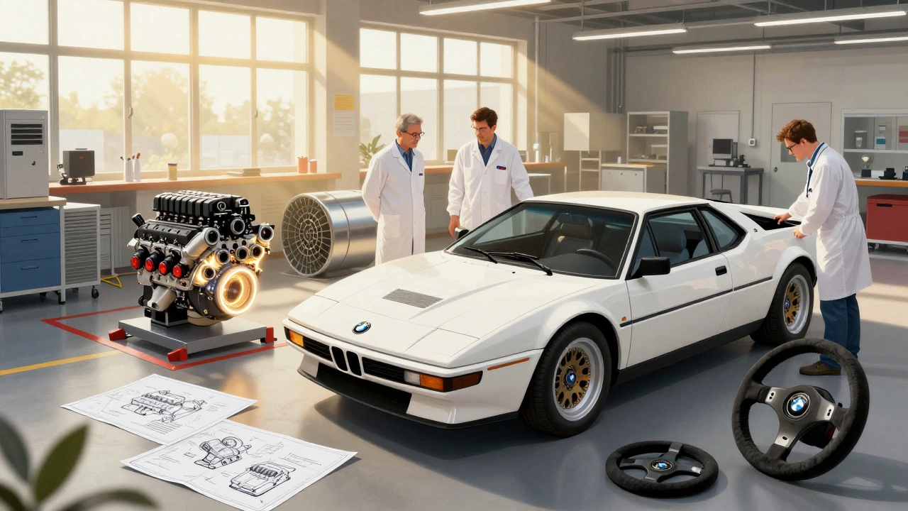 Dílna BMW M Division s motorem M1 a moderním V8 motorem
