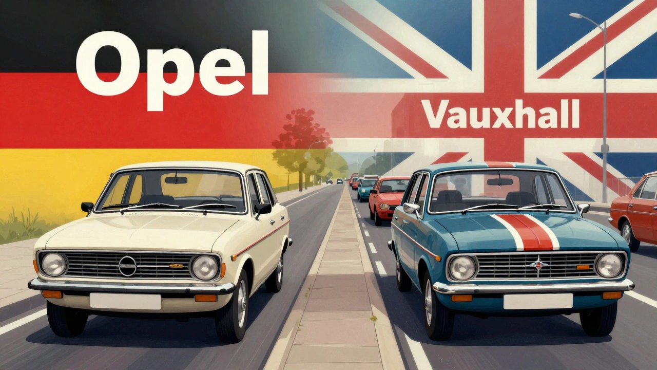 Dvě stejná auta: jedno s logem Opel, druhé s logem Vauxhall, symbolizující různé trhy v Německu a Británii.