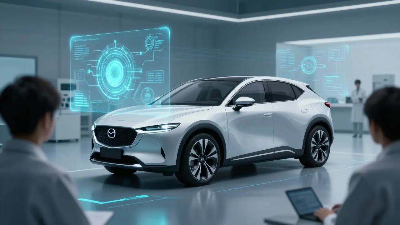 Elektrické auto Mazda MX-30 s holografickými technologiemi e-Skyactiv a vodíkovými články.