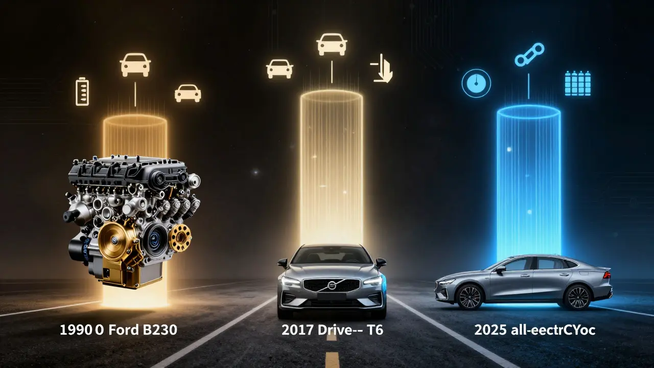 Evoluce motorů Volvo od roku 1990 do 2025 v podobě tří světelných sloupů.