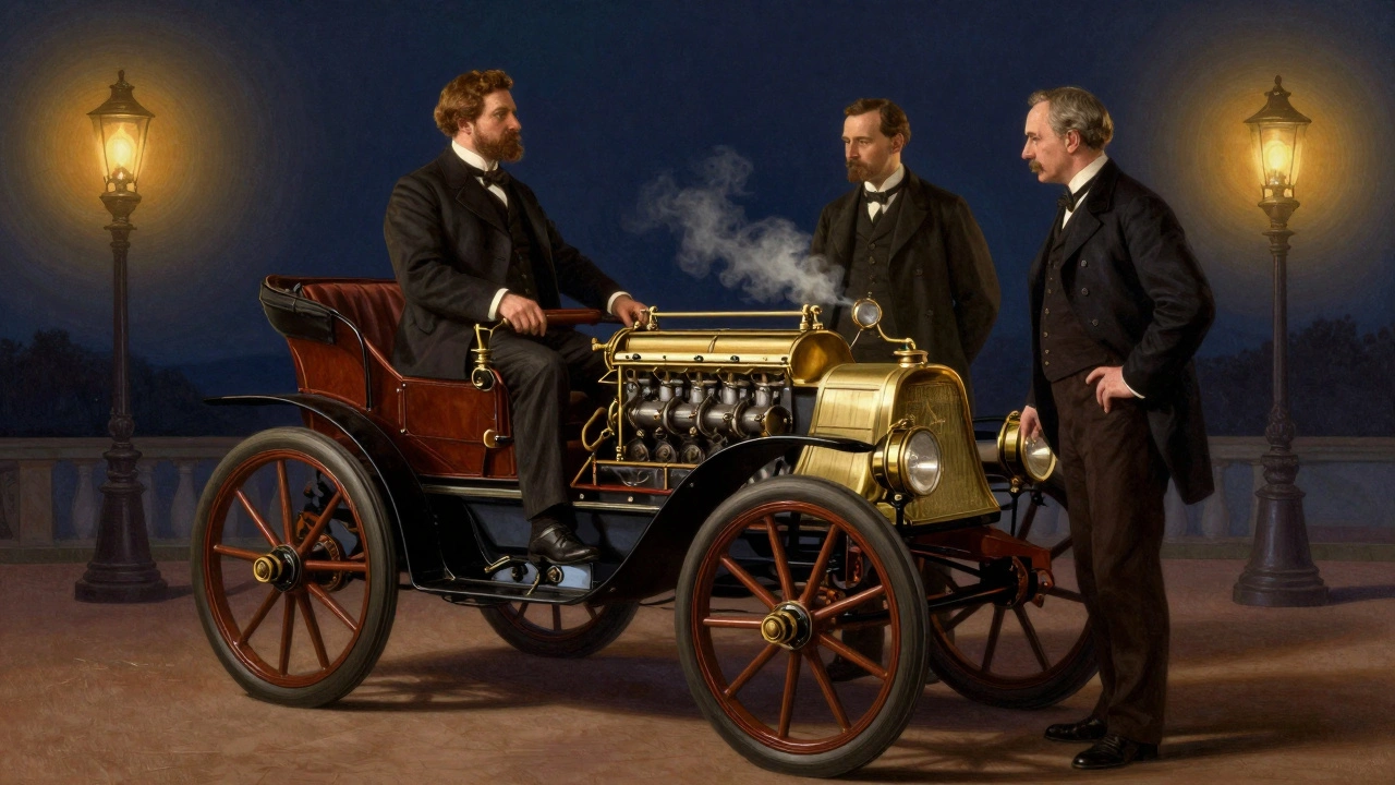 Gottlieb Daimler a Wilhelm Maybach s prvním čtyřkolovým automobilem v Stuttgartu.
