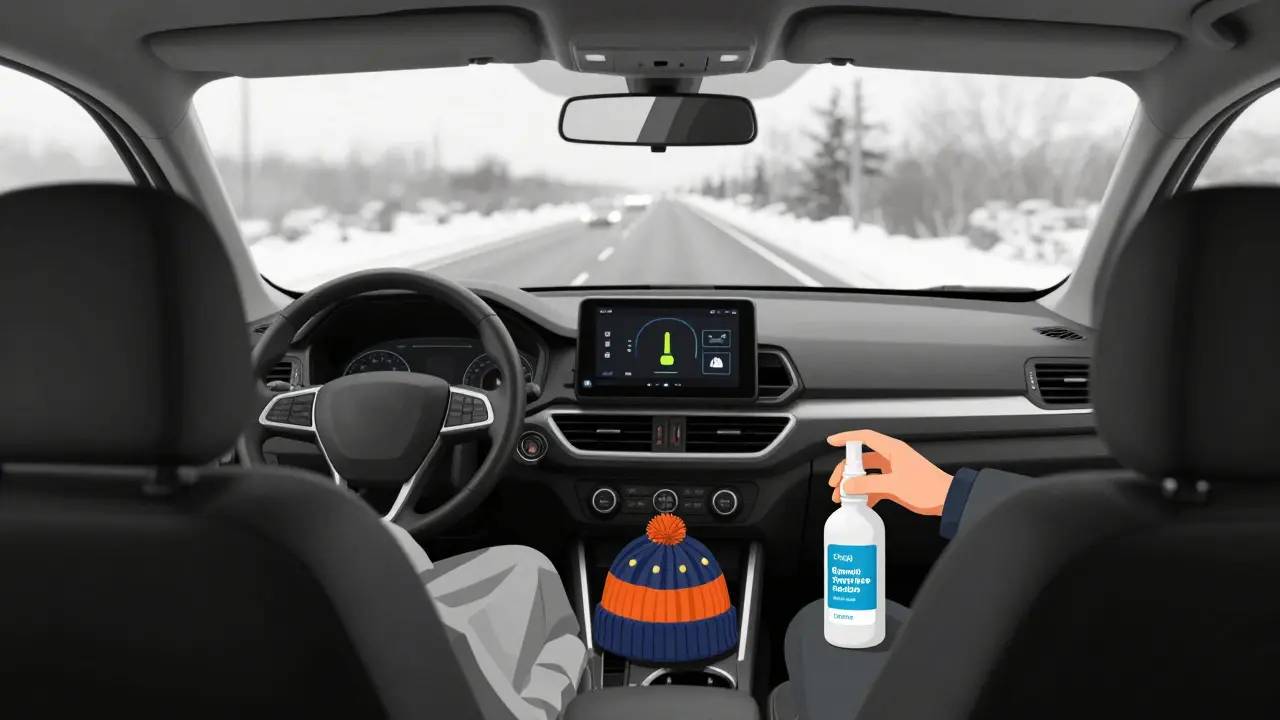 Interiér auta s náznakem přežití v zimě: tepláky, lékárnička a varování nízkého paliva.