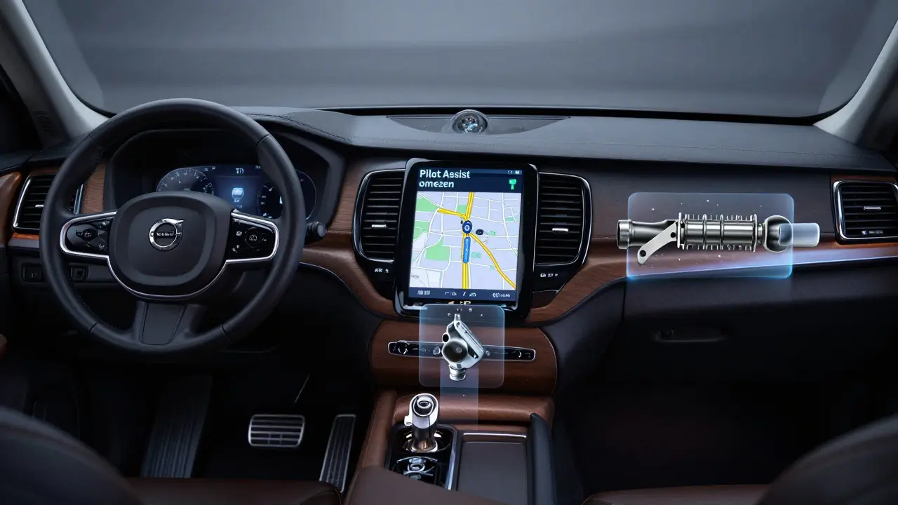 Interiér XC90 s vypnutým displejem a varováním Pilot Assist na obrazovce.