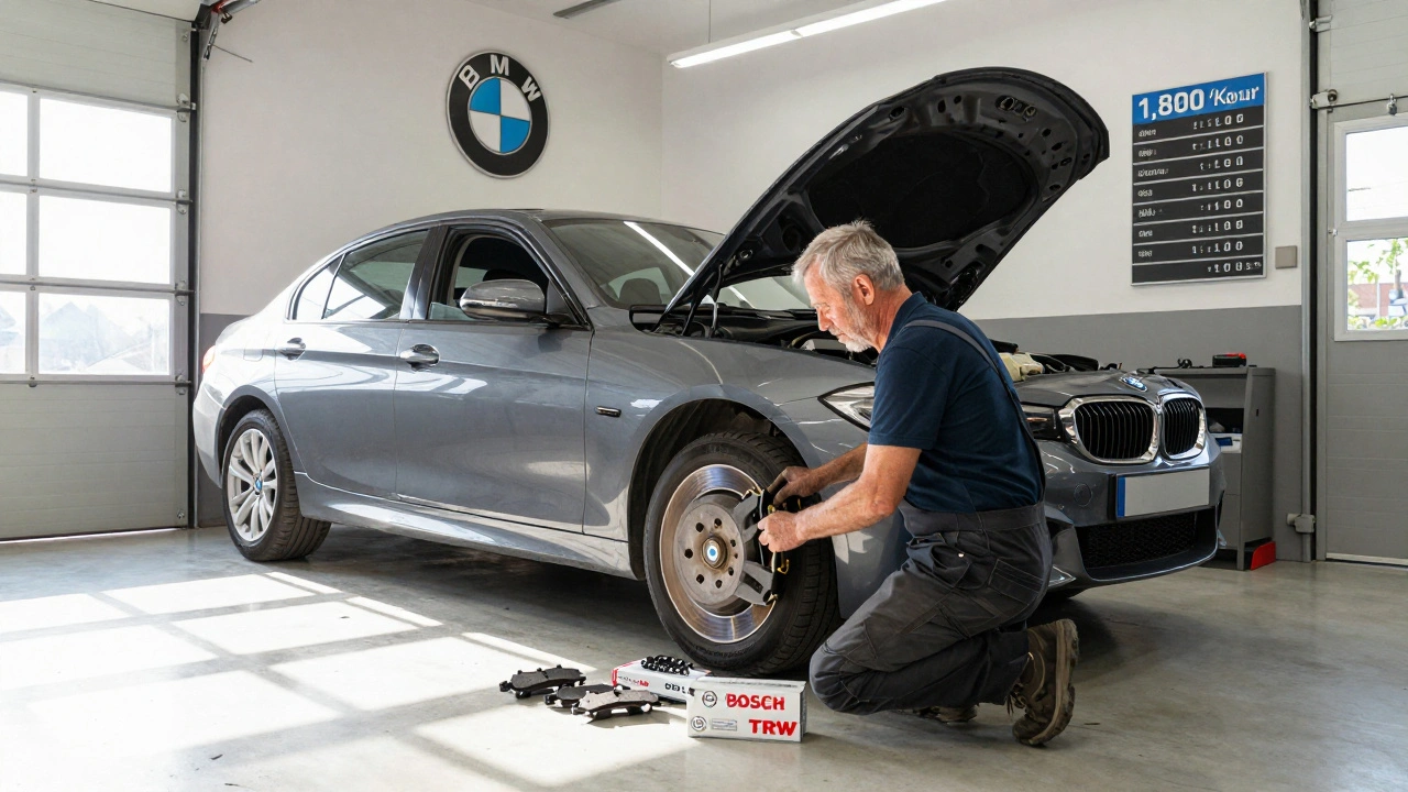Mechanic replacing brake pads on a BMW in an independent garage.