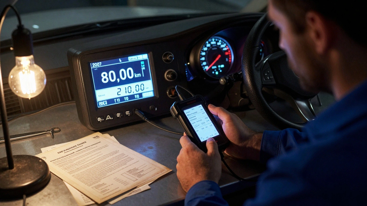 Mechanik kontroluje Mercedes OBD2 čtečkou, která odhaluje skutečný nájezd.