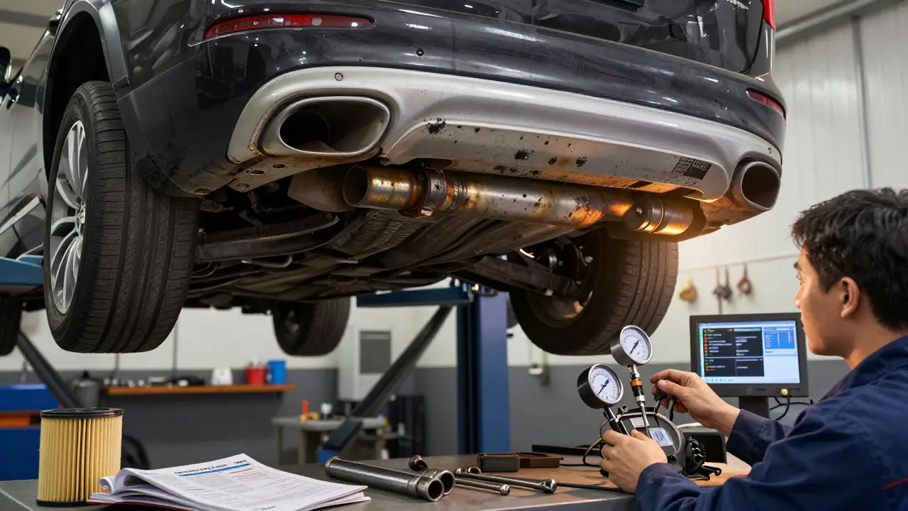 Mechanik kontroluje výfukový systém a tlak oleje v převodovce u zvednutého XC90.