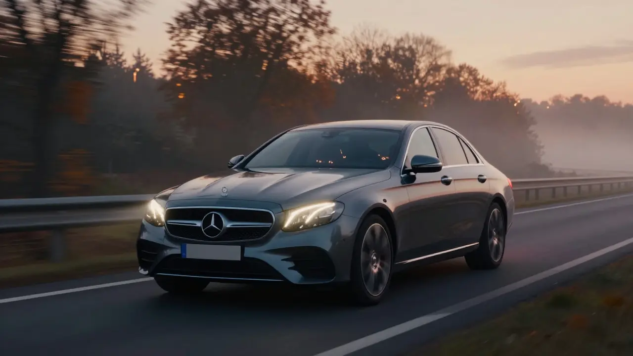 Mercedes-Benz E-Class jede po mlhavé české dálnici ve večerní světlosti.