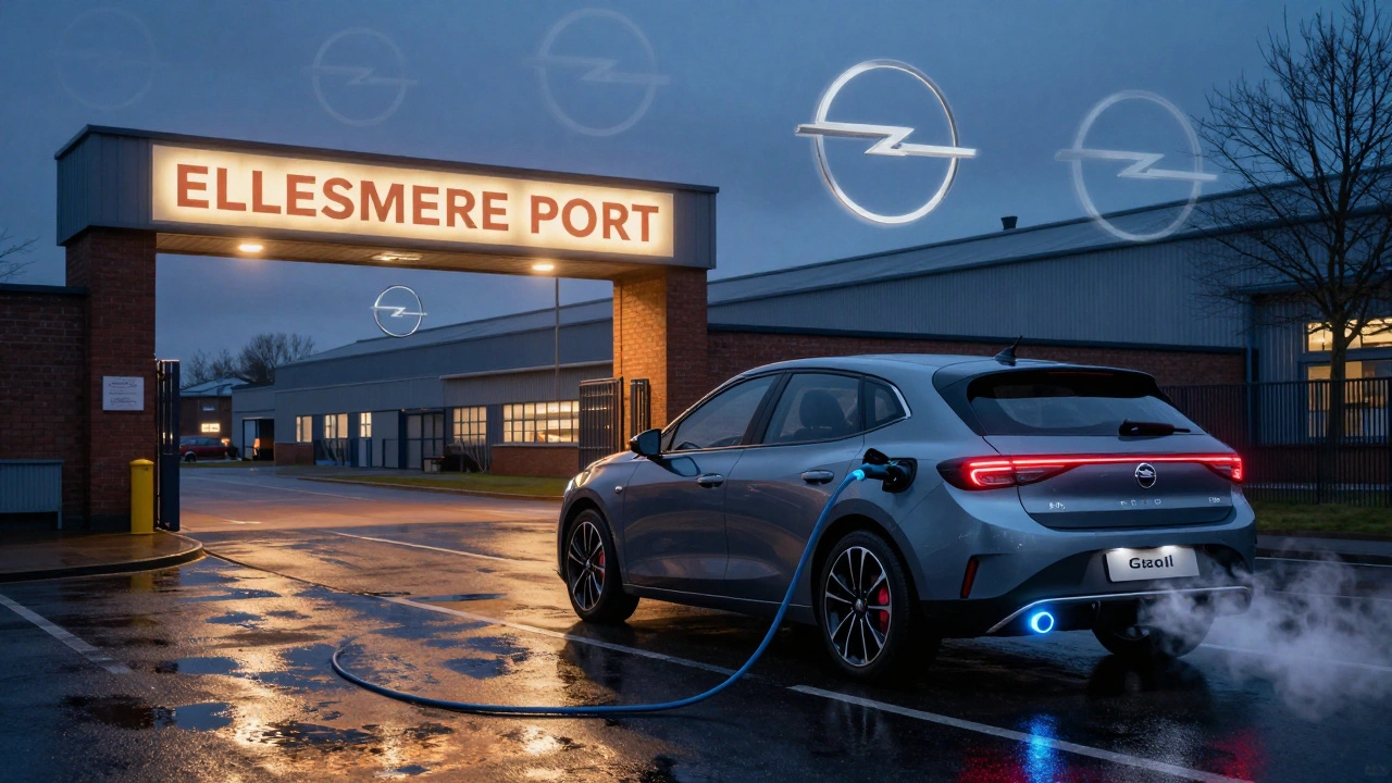 Moderní Vauxhall Astra Electric před továrnou v Ellesmere Portu s odstupujícími stíny loga Opel.