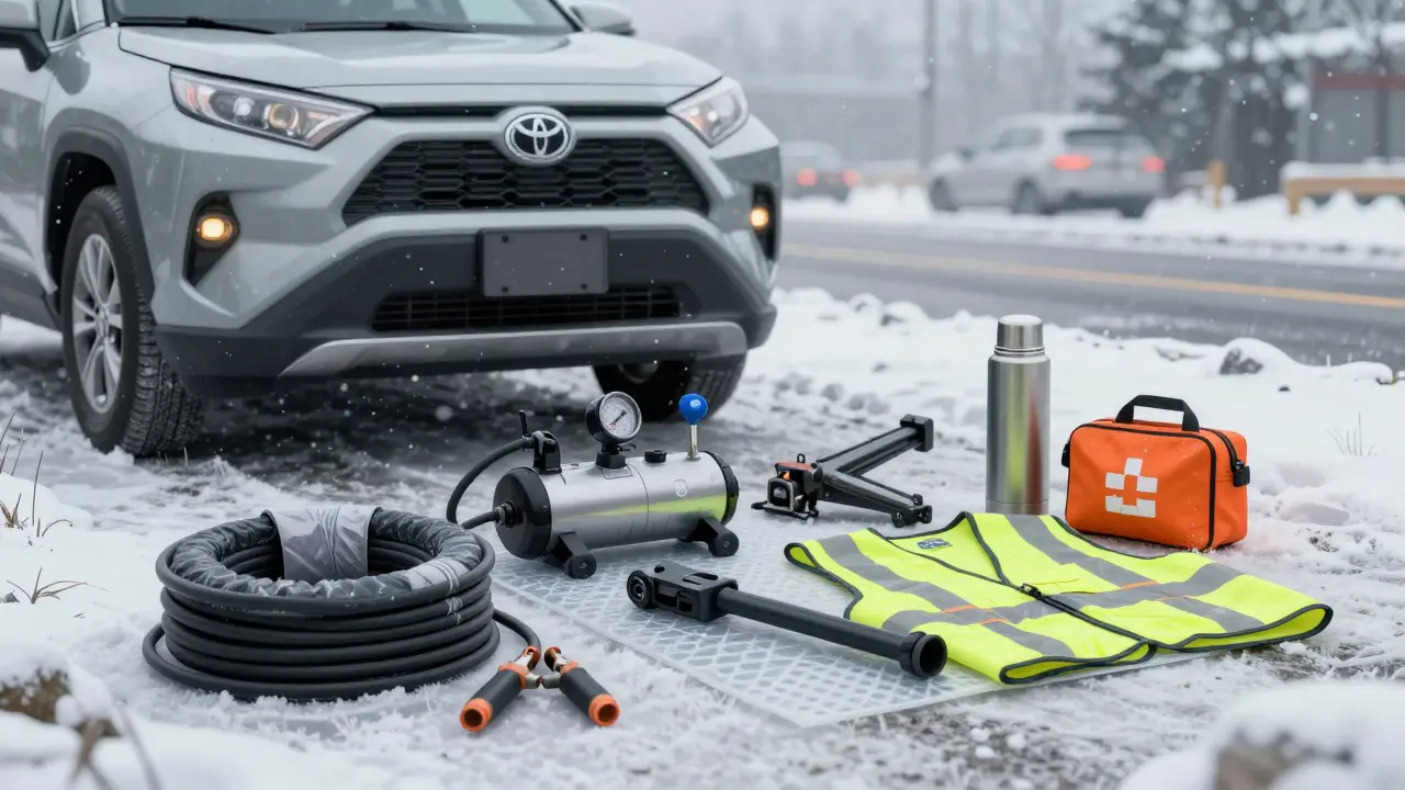 Nouzové vybavení v autě: kabely, kompresor, vesty a lékárnička na sněhu.