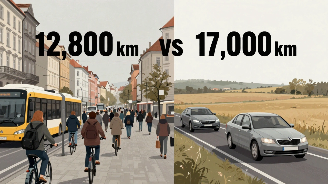 Porovnání městského a venkovského nájezdu auta v Česku s číselnými údaji.