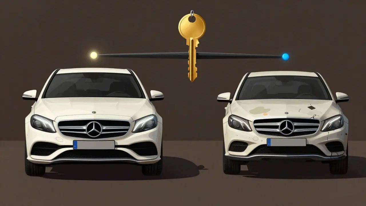 Porovnání německého a českého Mercedesu na váhách: jeden s originálními servisy, druhý s skrytými poškozeními.