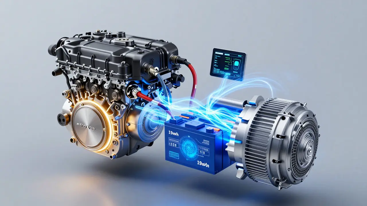 Přehledový náčrt hybridního systému Volva: elektromotor, benzinový motor a baterie pracují společně.