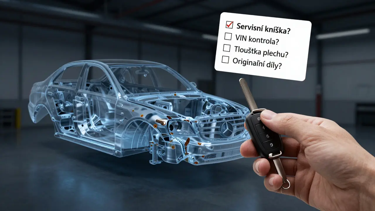 Průhledný pohled na karosérii Mercedesu s viditelnými opravami a kontrolním seznamem.