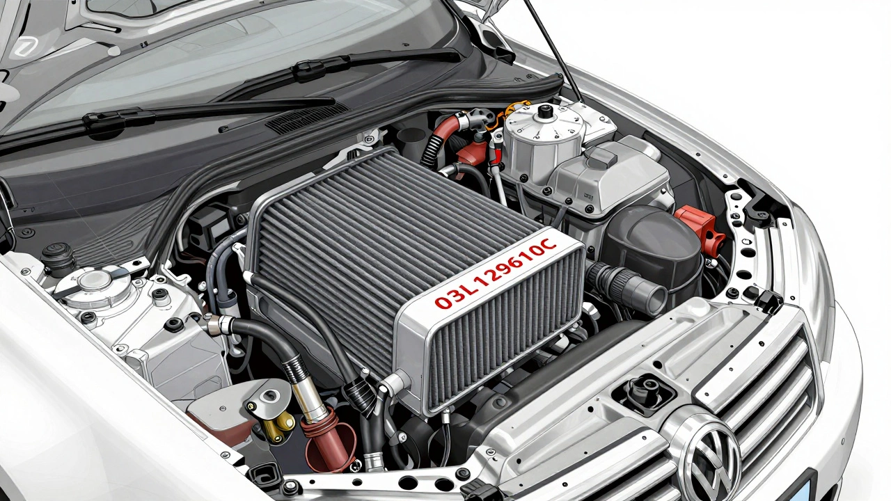 Řez motorovým prostorem Volkswagenu s vyznačeným OEM kódem vzdušného filtru.