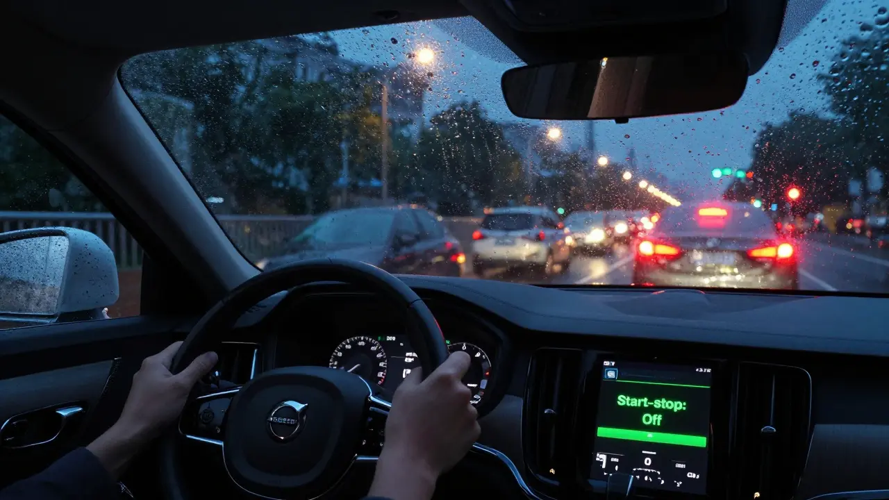 Řidič v Volvě S90 v noci, na konzoli 'Start-stop: Off', deštivá silnice s rozptýlenými světly.