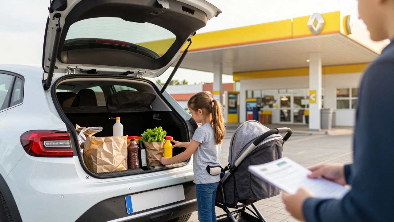 Rodina naloží nákup do použité Renault Clio před servisem s servisní knížkou v ruce.