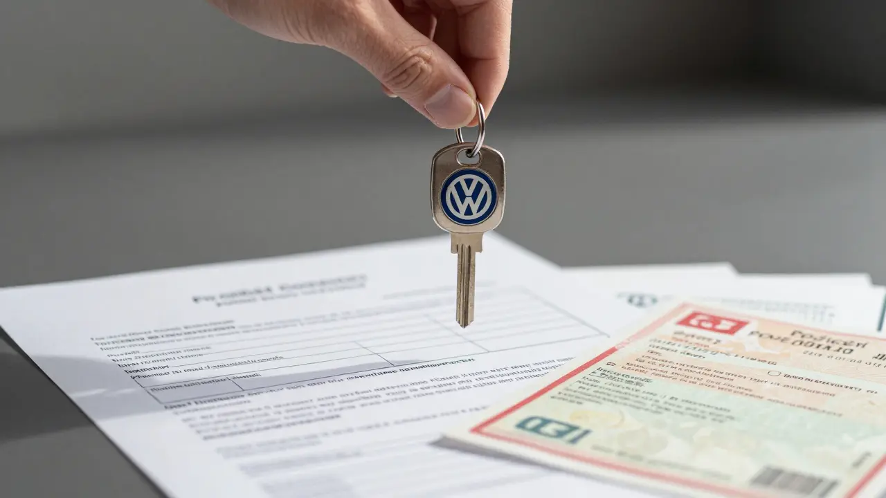 Ruka upouští klíč od auta mezi dokumenty převodu vlastnictví – smlouva, pojištění, daň.