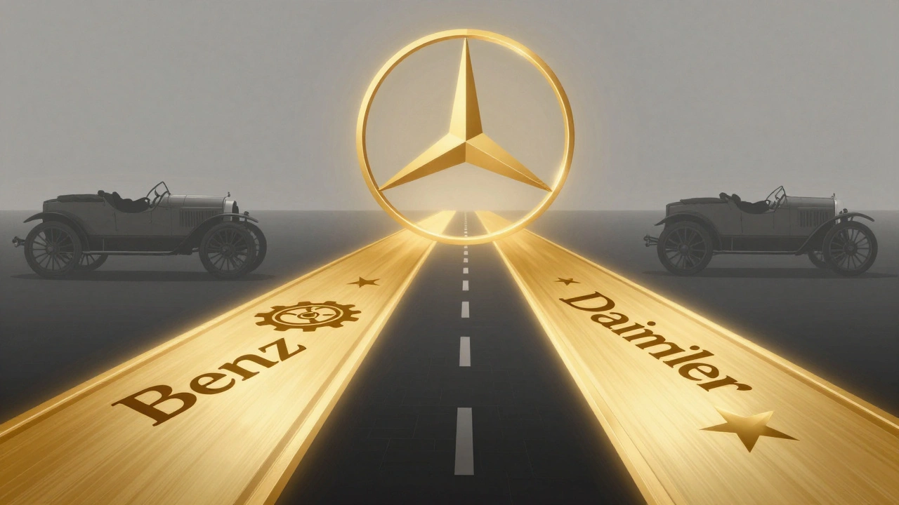 Sjednocení Benz a Daimler v roce 1926 symbolizované sloučením dvou cest do hvězdy.