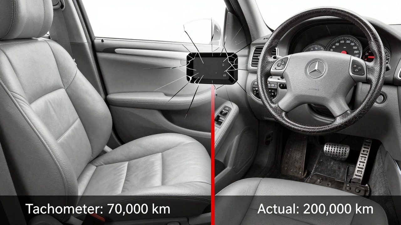 Srovnání vzhledu interiéru auta s nízkým a vysokým nájezdem na jedné scéně.