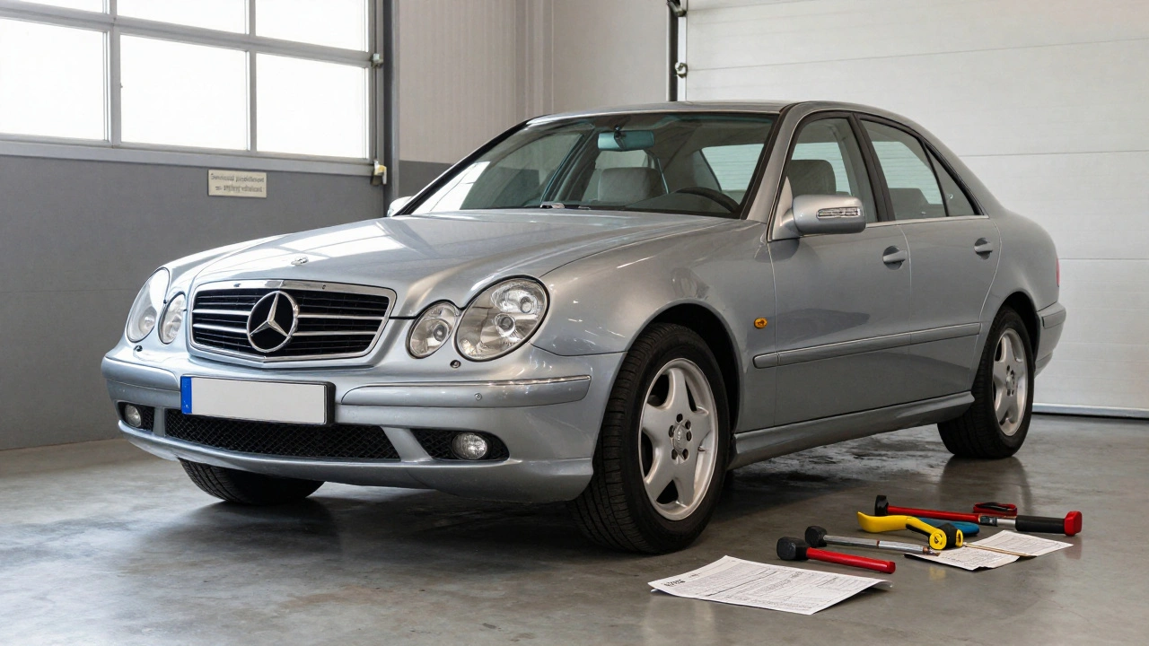 Starý Mercedes s 280 000 km v garáži s nářadím a účtenkami z servisu.