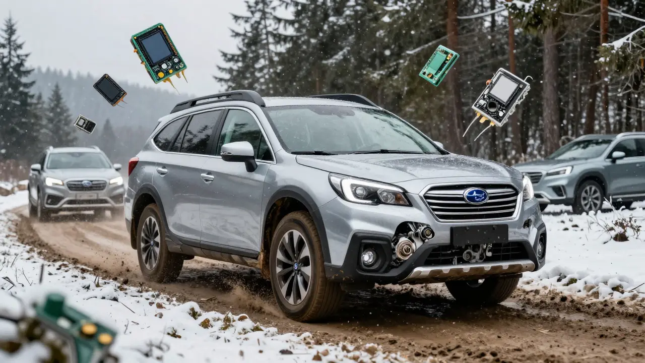 Subaru Outback jede po bahnozemi v českých horách s viditelným motorem boxer.
