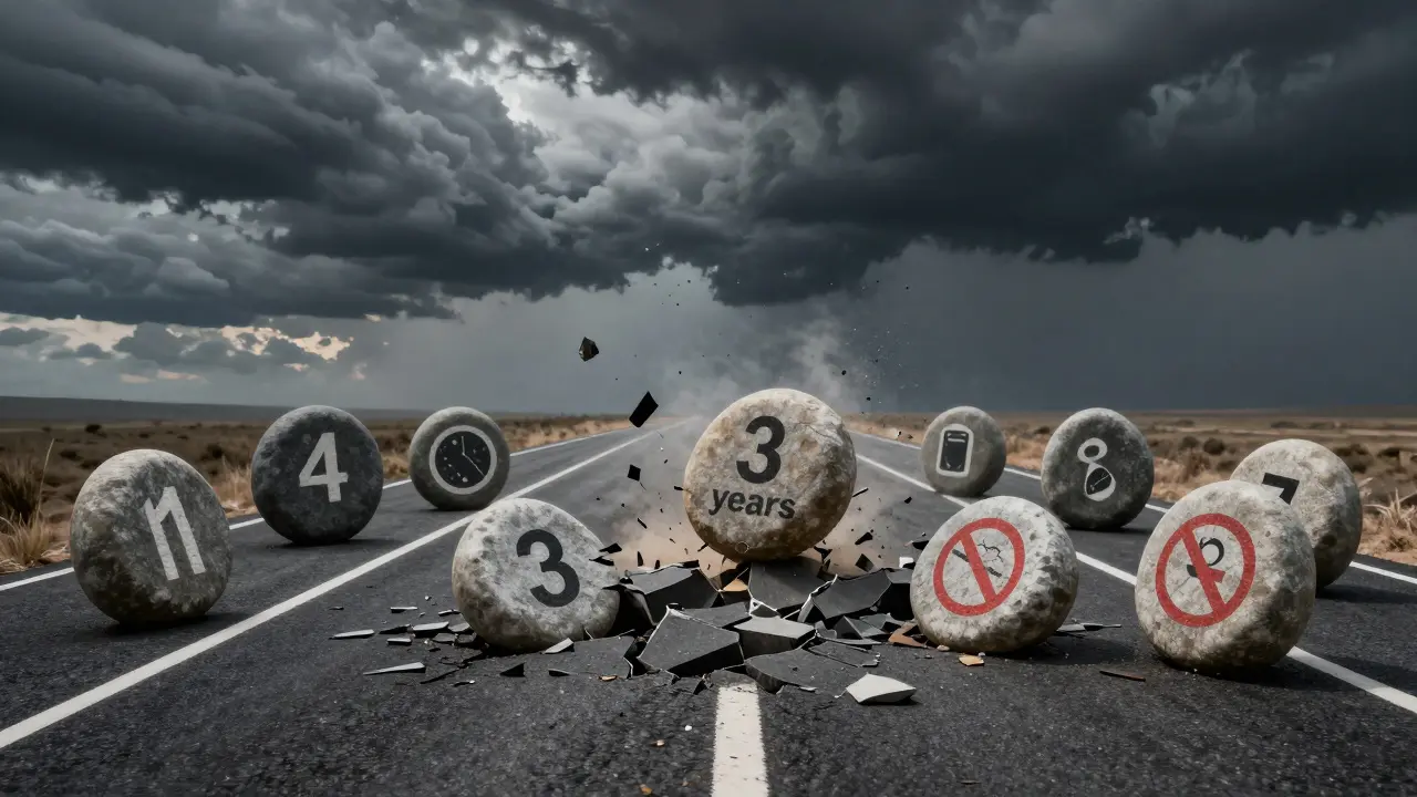 Symbolická cesta s kameny označenými porušeními, které se zhroutily pod tlakem bodů.